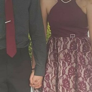 Burgundy/maroon color dress with tan detailing